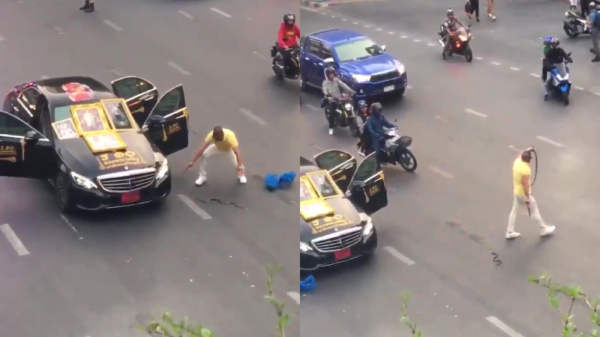 Idioot met mes legt verkeer op kruising in Bangkok lam door slangen los te laten