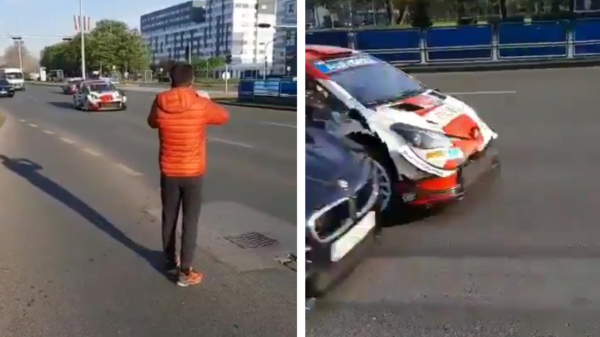 Sébastien Ogier crasht zijn rallywagen op de openbare weg op weg naar het rallyparcours