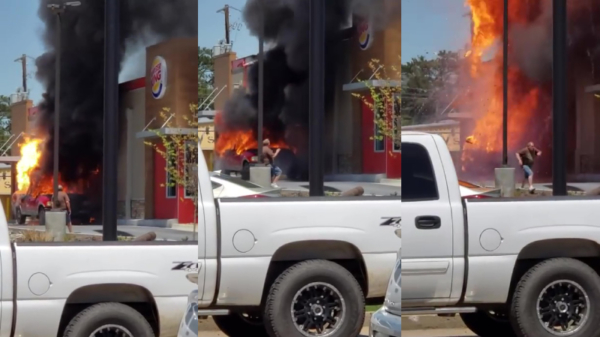 Brandende auto explodeert op de drivethru bij de Burger King