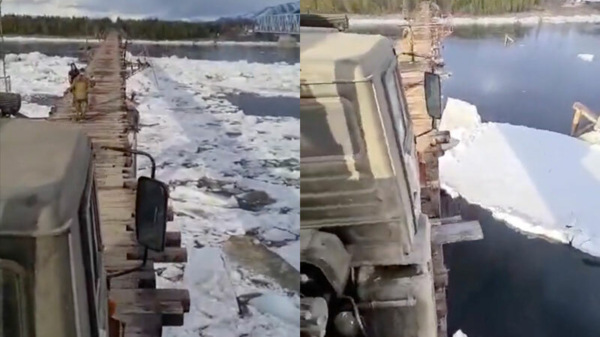 Alleen de echte professionals rijden over deze Russische 'brug'