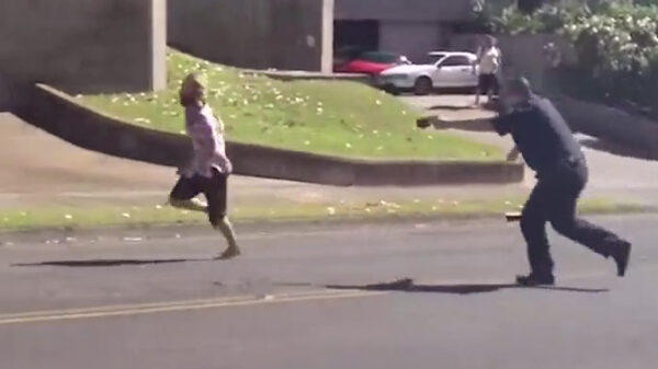 Dikke agent weet dankzij taser vluchtende verdachte binnen te hengelen