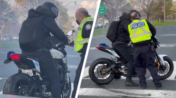 Amerikaanse agent probeert motorrijder te stoppen met een flinke burnout