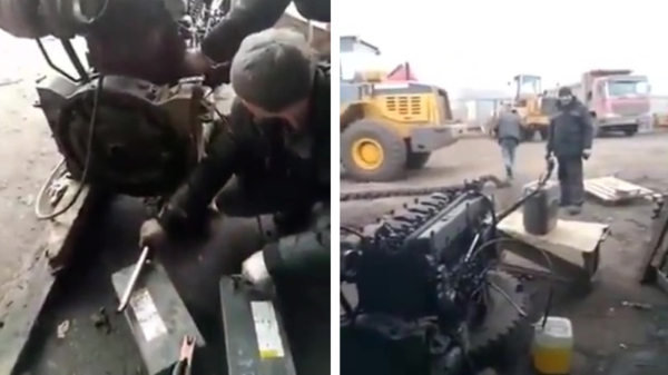 Russische automonteur krijgt te maken met een ontploffende blyatterij