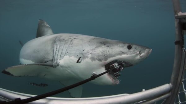 Haai snackt op peperdure 360-gradencamera van duiker