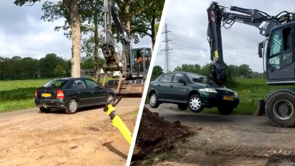 Toeterende automobilist vs ietwat chagrijnige bestuurder graafmachine