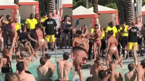 Twerkende chick beukt haar concurrent nonchalant het zwembad in