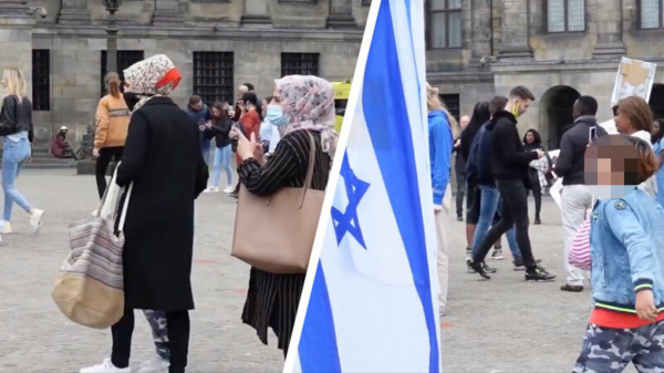 Vrouwen moedigen jongen aan om op Israëlische vlag te spugen