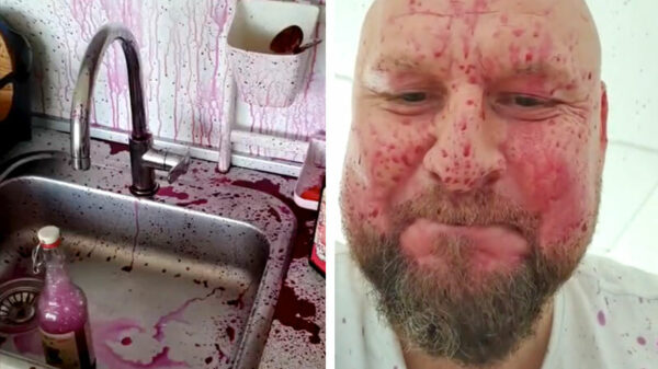 Dankzij explosief flesje bietensap kan deze pool zijn huis opnieuw verven