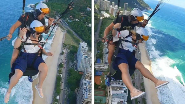 Vrouw wordt misselijk tijdens tandemsprong en eet achterstevoren