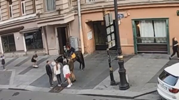 Russische Tony Hawkski probeert onder een paard door te skaten