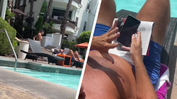 Viespeuk aan het zwembad betrapt terwijl hij foto's van meisjes in bikini maakt