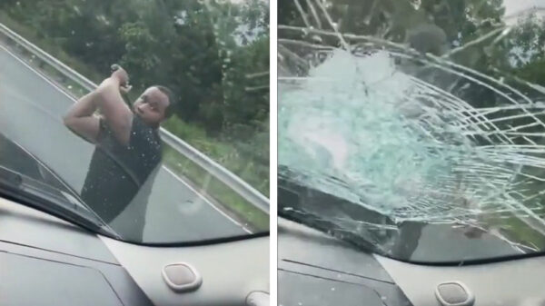 Idioot met honkbalknuppel mept voorruit kapot van auto met bang kind erin