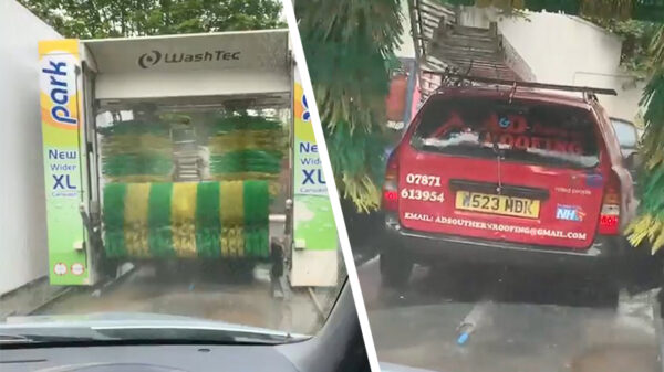 Met je ladder door een wasstraat is niet de meest snuggere actie