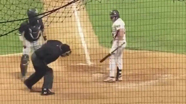 Scheids besluit een honkbal te vangen met zijn kruis