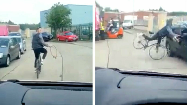 Eeuwige karma voor fietser die agressief met zijn hangslot naar automobilist zwaait