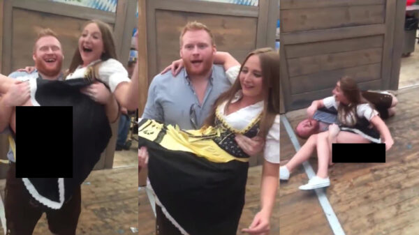 Oktoberfester würft zijn frau in die luft en geeft keurige blik op haar Muschi