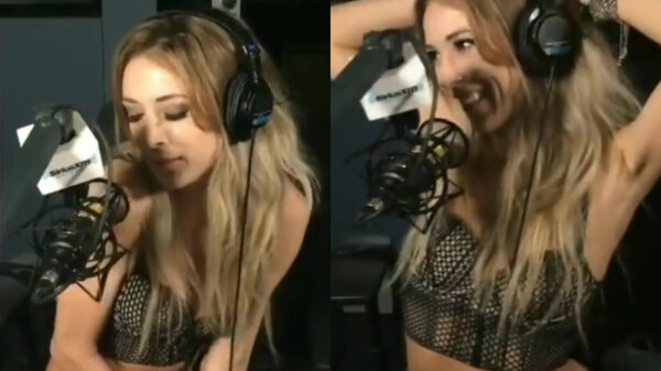 Volwassenen-actrice Aiden Ashley test seksspeeltjes terwijl ze op de radio is