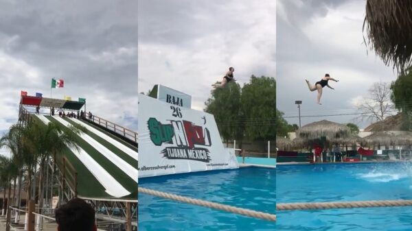 Moedertje wordt gelanceerd van waterglijbaan en maakt een zeer pijnlijke bellyflop