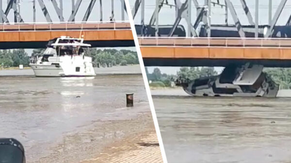 Kapitein Kenny Varen sloopt zijn dure jacht onder de Oude IJsselbrug in Zutphen