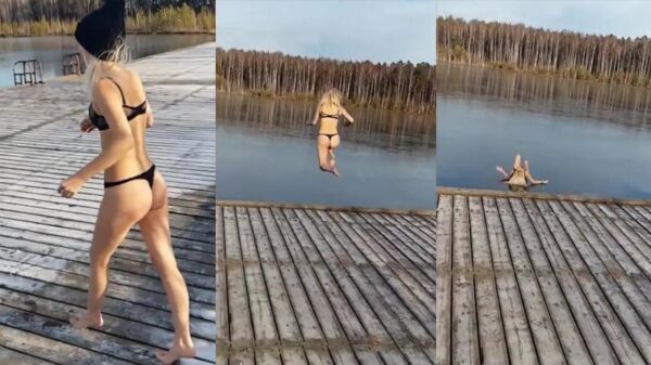 Oververhitte chick in lingerie sloopt enkel op bevroren meer