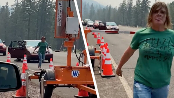 Karen on acid gaat volledig uit haar plaat tegen wegwerkers en sloopt slagboom