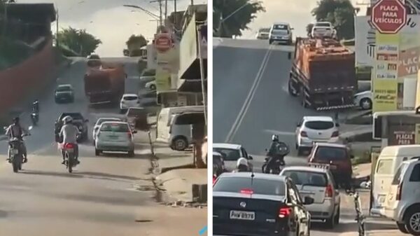 Veel te zwaar beladen vrachtwagen rijdt vol goede moed een heuvel op