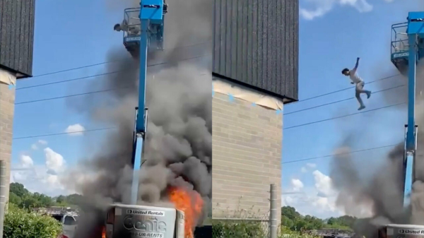 Man springt van 8 meter hoge brandende hoogwerker in Alabama