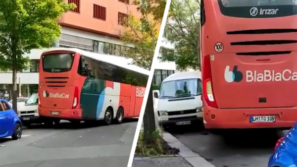 Duitse buschauffeur manoeuvreert als een baas door een veel te krap straatje