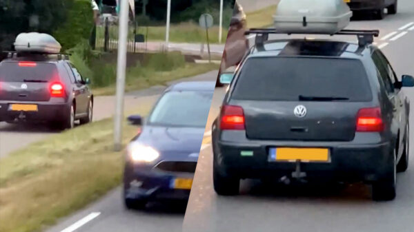 Golf heeft haast en jankt hem spookrijdend via het fietspad langs vrachtwagen