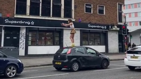 Idiote autospringster wordt hardhandig van iemands waggie getrokken