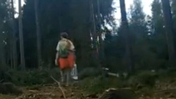 Wandelaar met engel op z'n schouders wordt gevloerd door houthakker