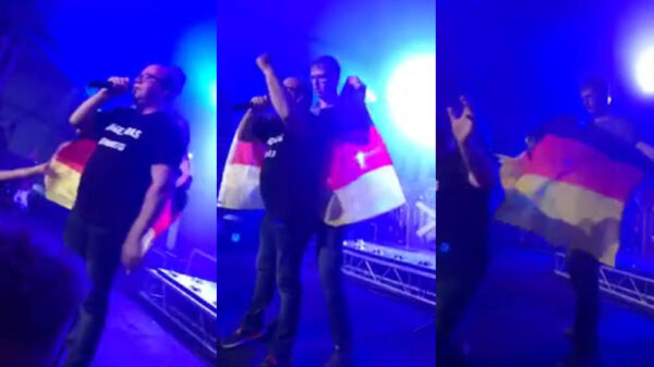 Zanger Bas wordt door mafklapper van het podium afgekontebonkt