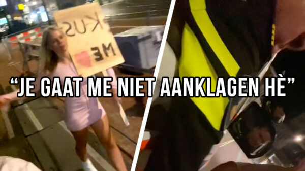 Kelly vraagt aan ome agent of 'ie even haar jurkje naar beneden kan trekken