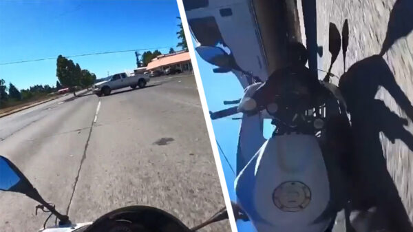 Motorrijder kan crash niet voorkomen en glijdt als een actiefiguur onder pick-up door