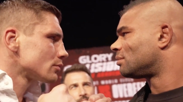 De staredown tussen Rico Verhoeven en Alistair Overeem voor GLORY Collision 3