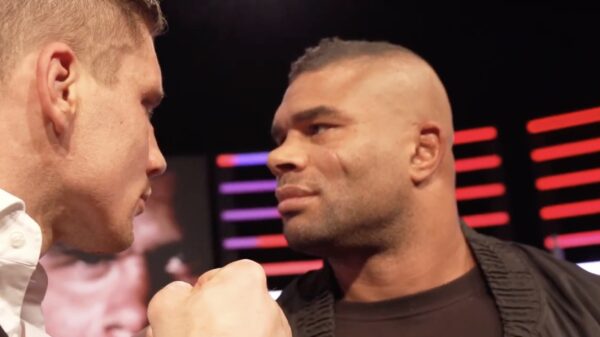 De staredown tussen Rico Verhoeven en Alistair Overeem voor GLORY Collision 3