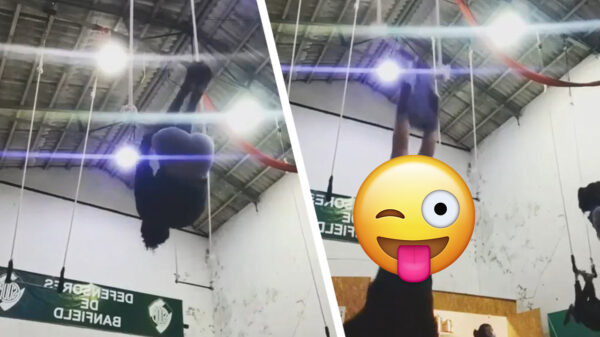 Turnster heeft een wardrobe malfunction tijdens trapeze-act
