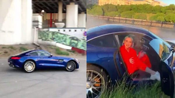 Rus met te veel roebels drift zijn Mercedes SLS AMG tegen de vangrail