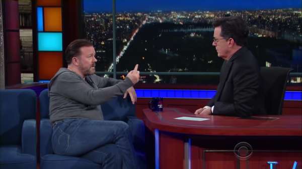 Ricky Gervais en Stephen Colbert in een heerlijke discussie over religie