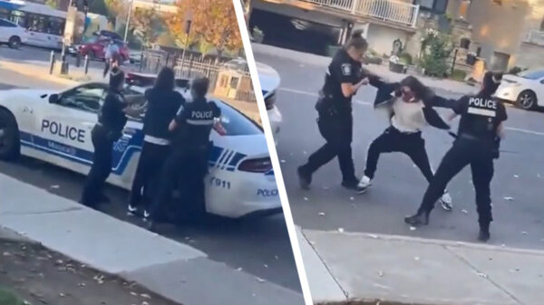 Twee vrouwelijke agenten proberen een man te arresteren in Montreal