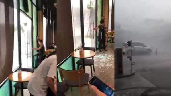 Thaise tyfoon sloopt grote glazen restaurantdeur