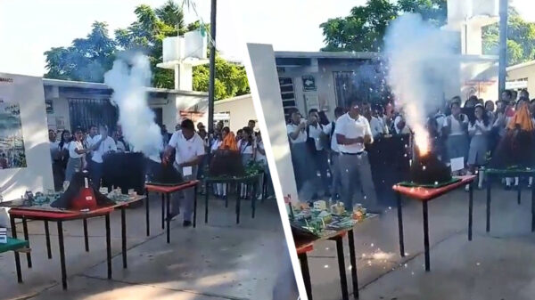 Iets te enthousiaste wizzkid blaast zijn werkstuk op tijdens demonstratie