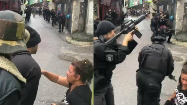 Braziliaanse vrouw geniet stoïcijns van haar biertje tijdens een politieactie
