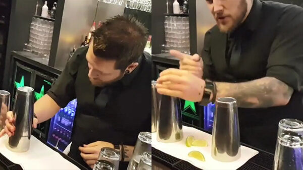 Barman probeert de vrouwtjes te plezieren met een goocheltrucje