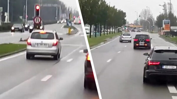 Belg ramt een vluchtheuvel maar blijft doorrijden ondanks een geblokkeerd wiel