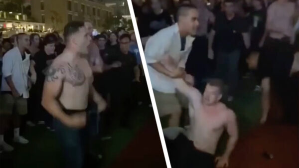 Alfamannetje bodyslamt willekeurige voorbijganger naar de grond