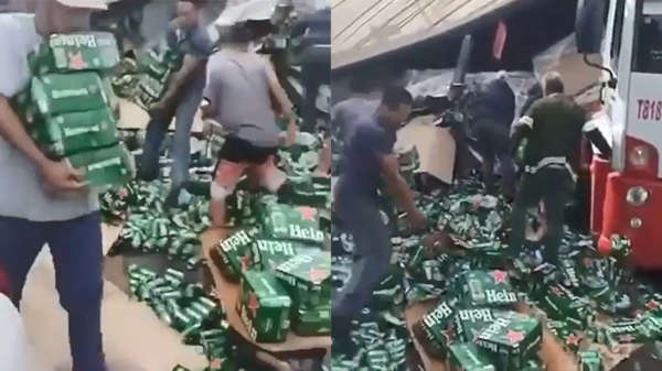 Heineken maakt een hoop dorstige mensen vrolijk nadat vrachtwagen is gecrasht