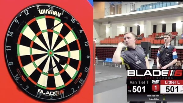 14-jarige Luke Littler gooit een keurige negendarter in Gibraltar