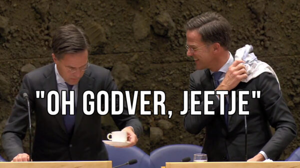 Rutte knoeit met zijn koffie en verstoort de orde in de Tweede Kamer