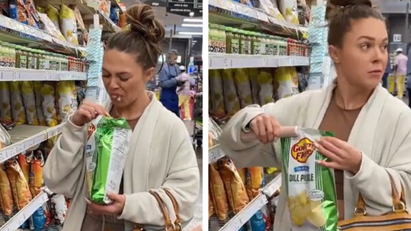 Smeerpijp van het jaar spuugt in een zak chips en hersluit hem voor de volgende klant